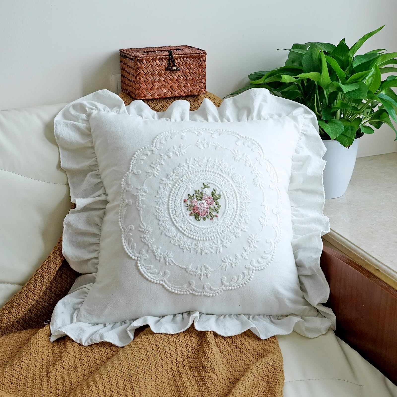 Cotton Lace Embroidery Throw Pillow Covers Boho Neutral Cushion Case Soft view 4