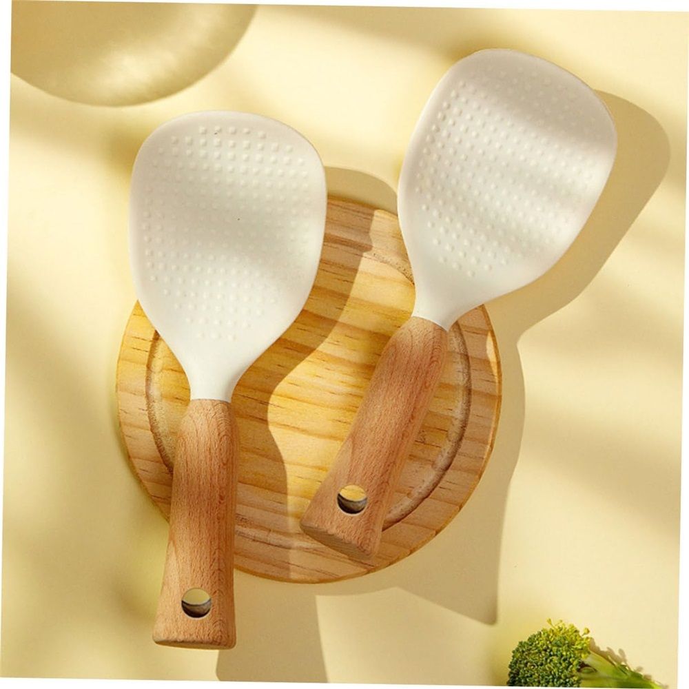 2 Pcs Standing Silicone Rice Spoon Paddle with Wood Handle view 2