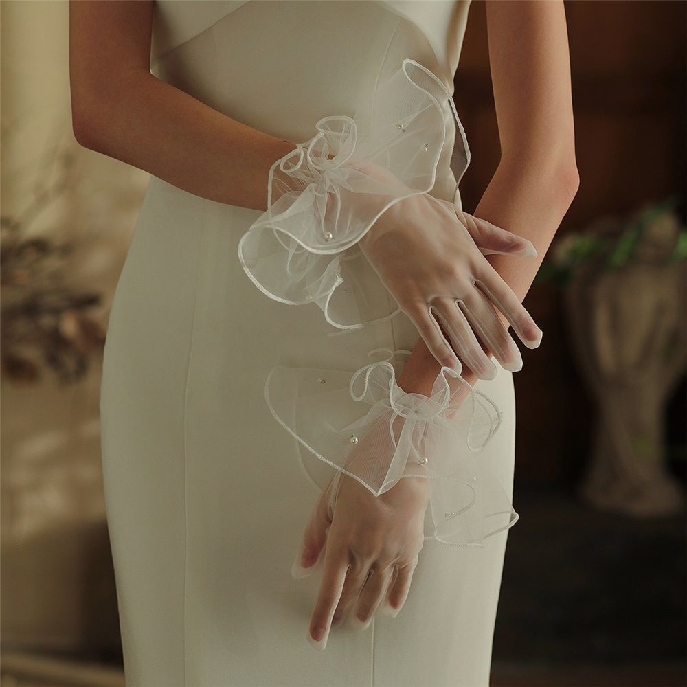 2 set Women's Short Mesh Gloves Ruffled Tulle Tea Party Gloves for Formal view 2