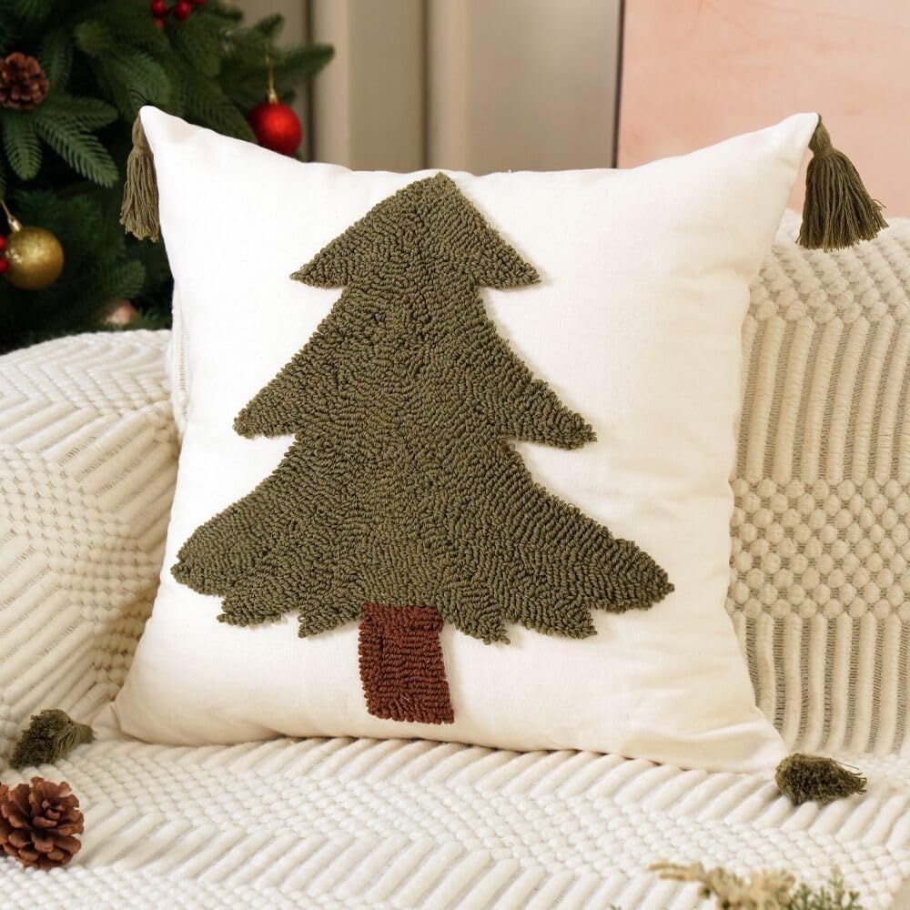 Christmas Pillow Covers 18x18 Farmhouse Christmas Tree Pillow Covers Tassels — image 1