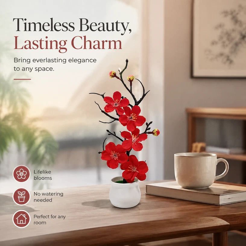 Soft Silk Wintersweet Jar Bonsai Table Decor Red — image 1