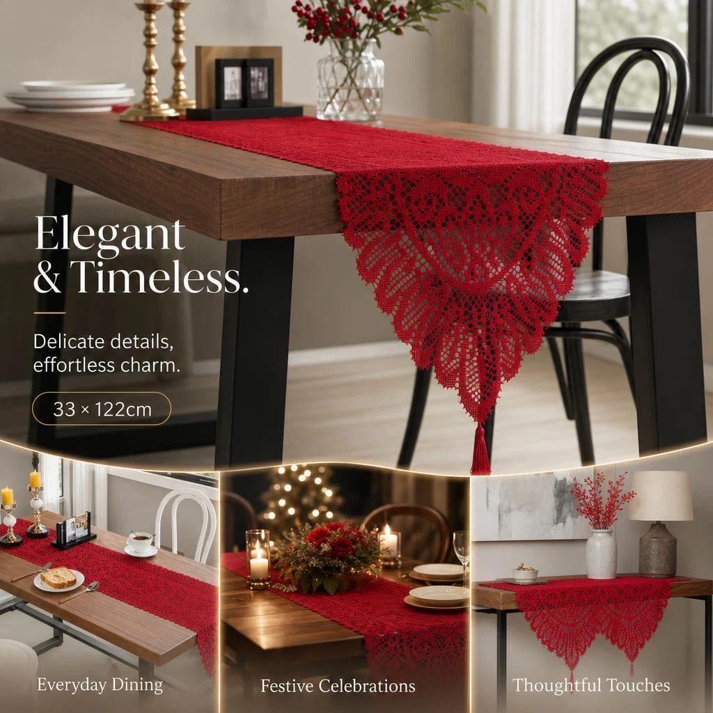Fringe Lace Table Runner 33x122cm, Red, Vibrant Ornament For Family Daily Dining — image 1