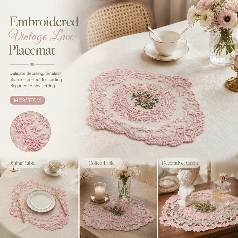Sweet Vintage Fringe Stitched Dining Mat, Pink, Size M 29*37CM — image 1