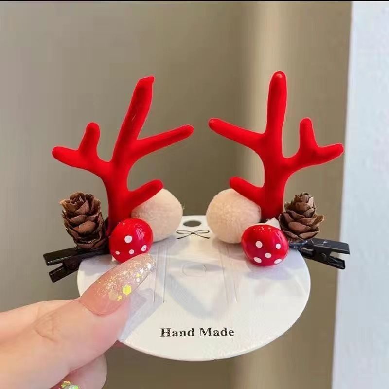 Cute Antler Hair Clip, White Pom Pom Pinecone Red Horn Headpiece, Christmas & — image 1