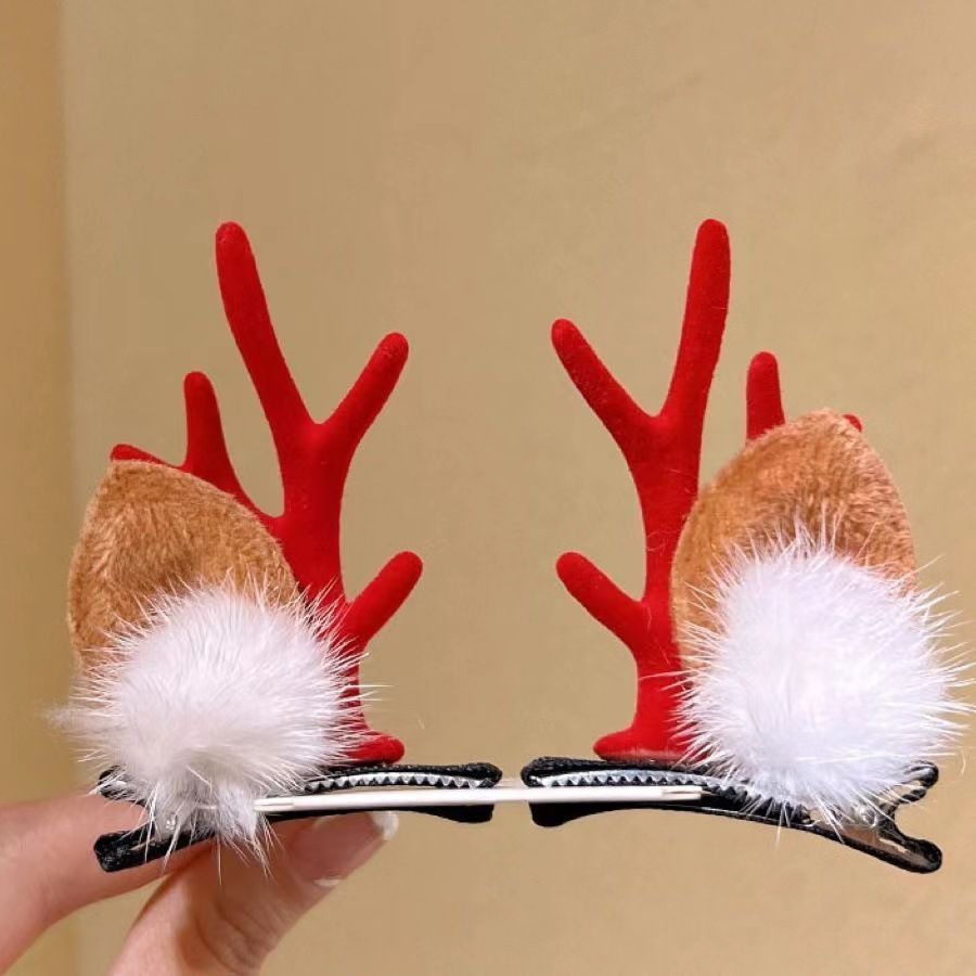 Lovely Antler Headpiece, Fluffy White Fur Red Horn Hair Clip, Christmas — image 1