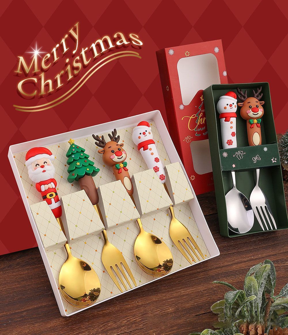 4 Large Silver Xmas Themed Stainless Steel Tableware Style A with Green Plaid view 3