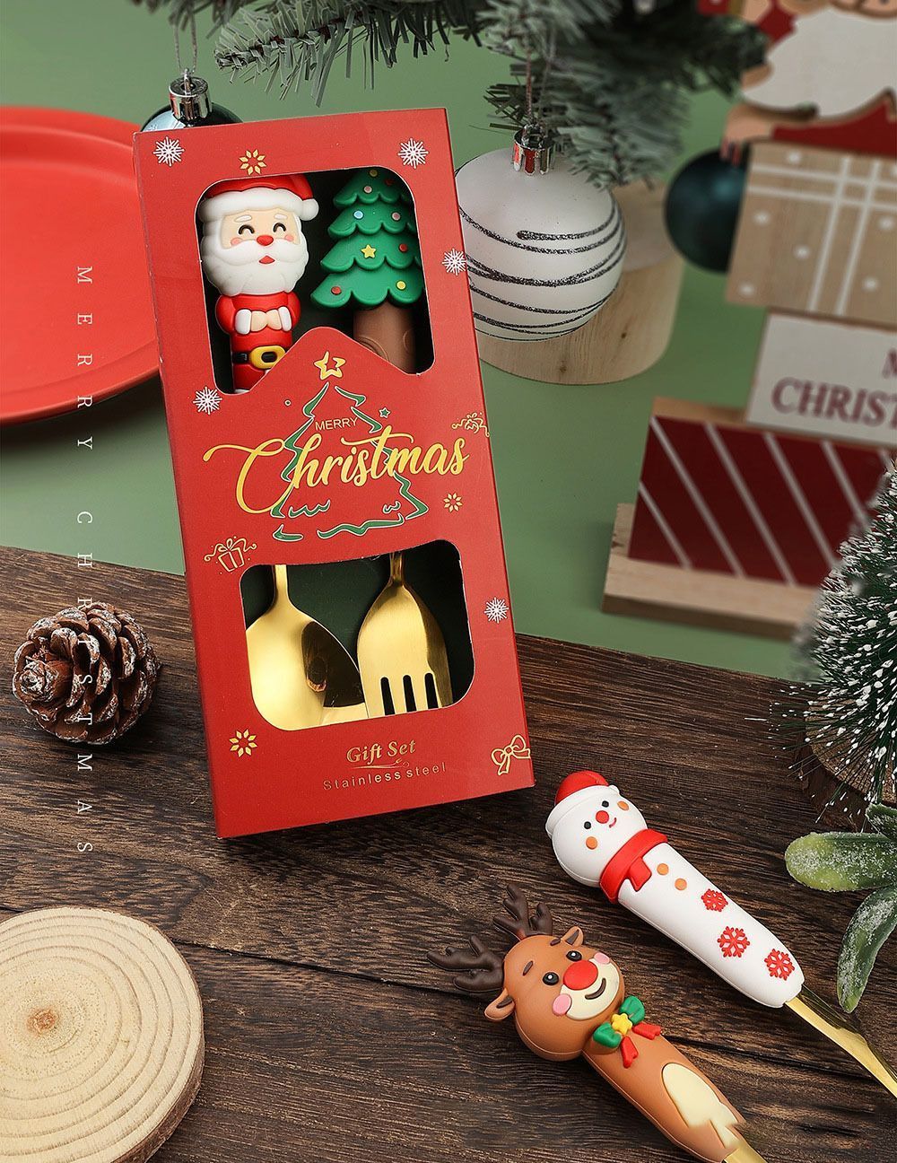 4Pcs Large Silver Xmas Doll Handle Stainless Steel Spoon Only Set Style B view 6