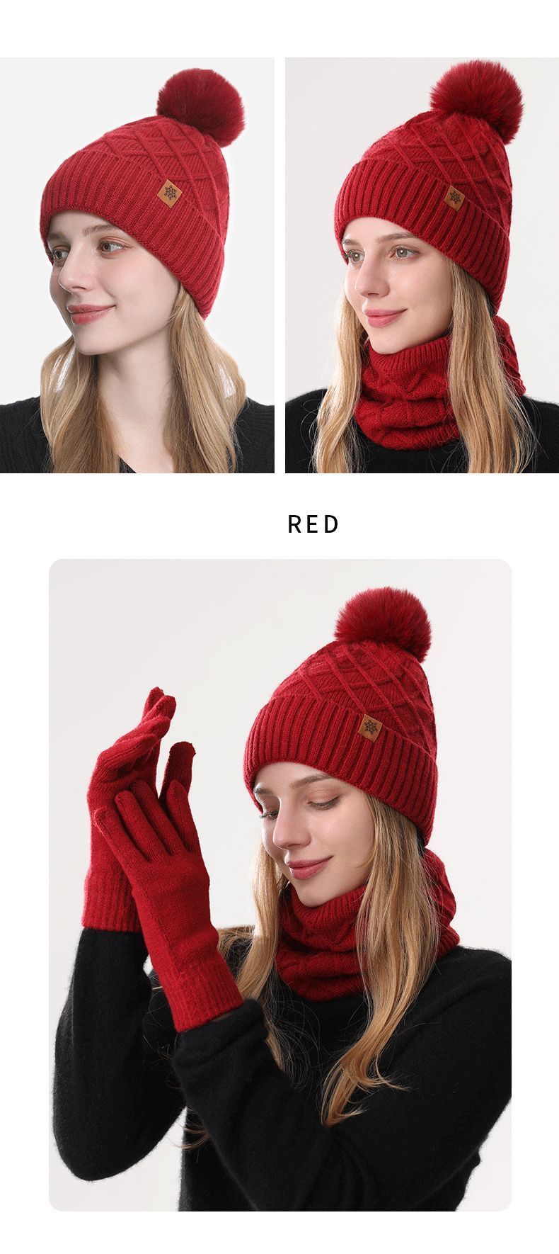 Women Red Argyle 3-Piece Set-Hat Scarf and Gloves view 11