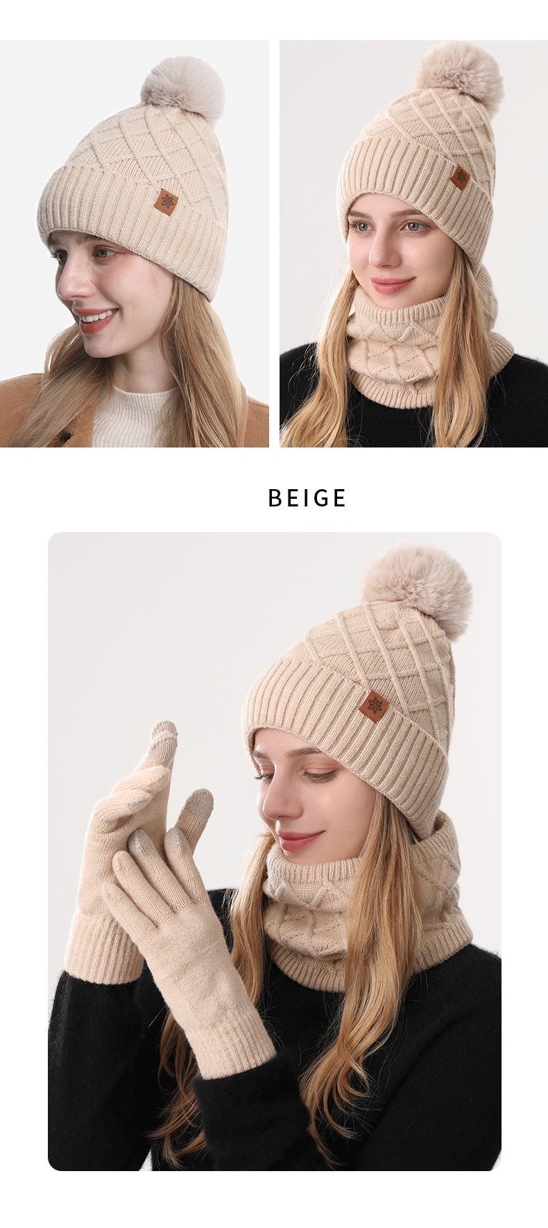Women Milky-White Argyle 3-Piece Set-Hat Scarf and Gloves view 12