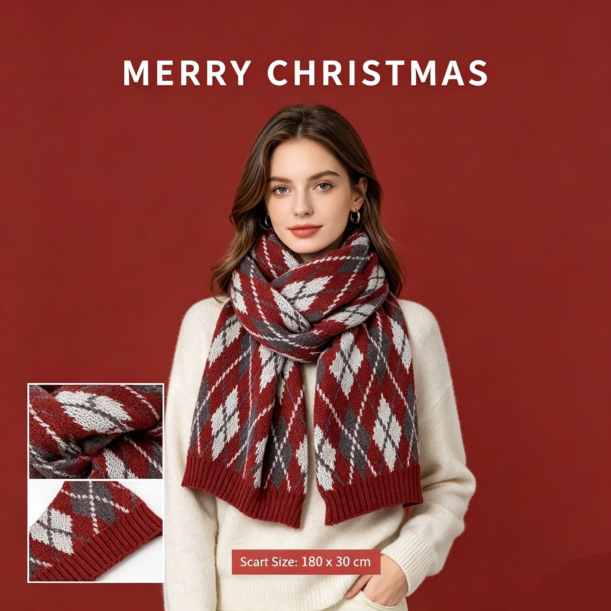 Dark Red Rhombus Grid Women’s Scarf — image 1