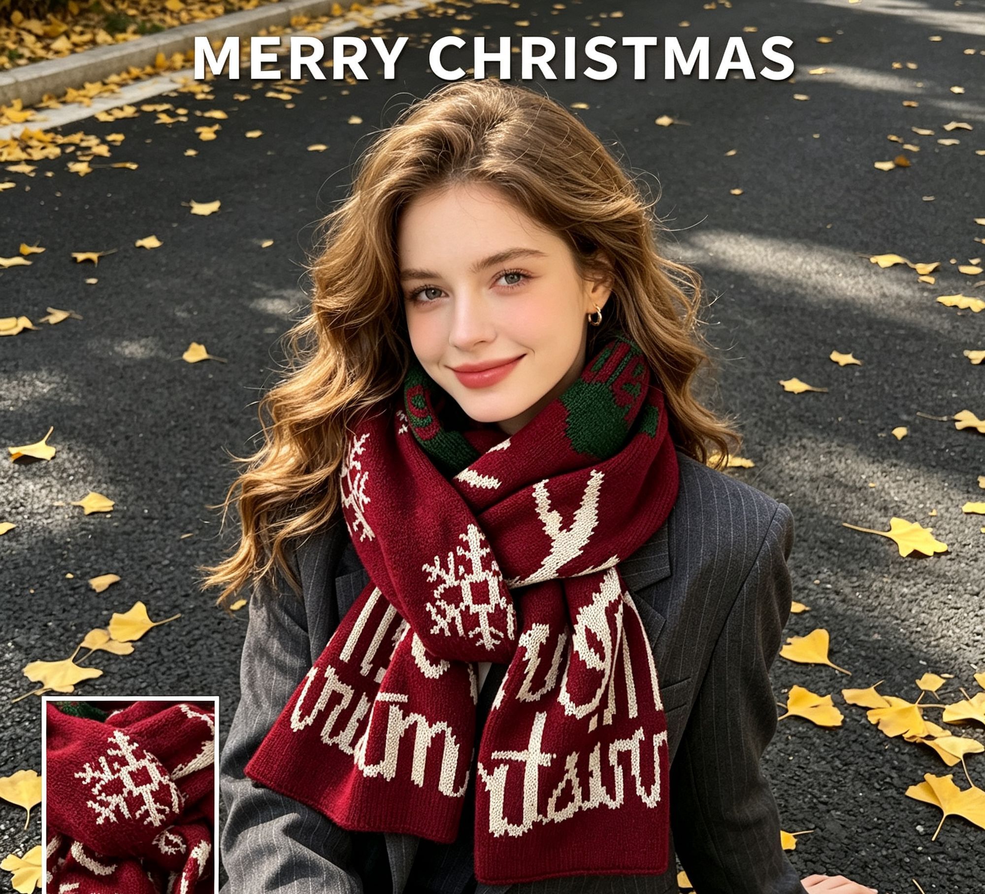 Christmas Letter Printed Burgundy Women’s Shawl — image 1