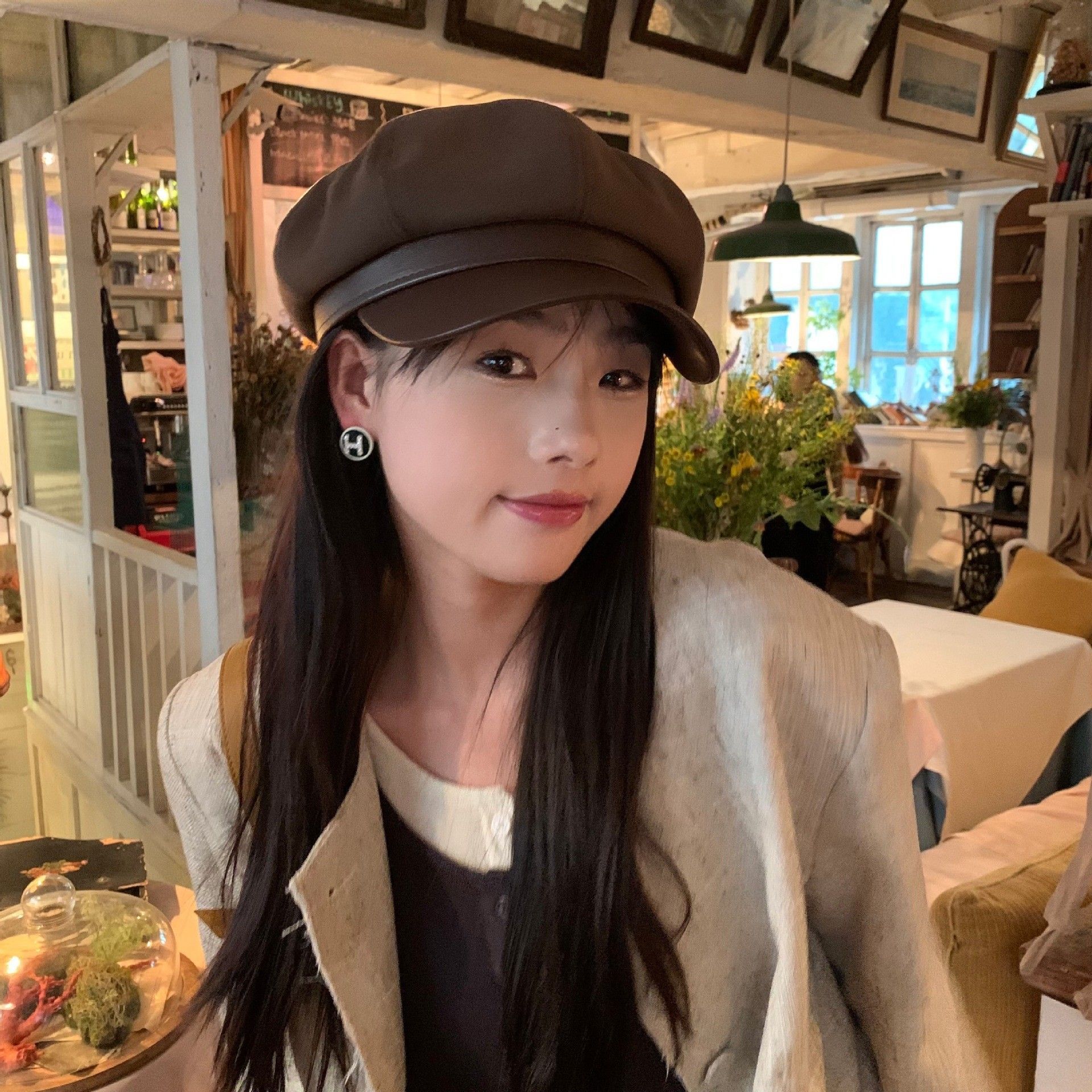 Leather Brim Peaked Newsboy Cap
