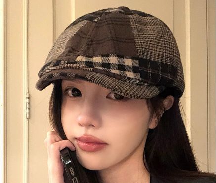 Coffee Tone Retro Plaid Color‑Block Newsboy Hat