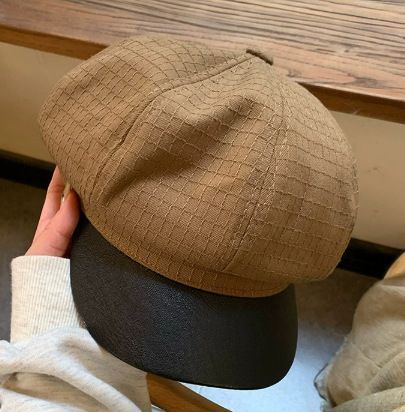 Small Plaid Leather Brim Octagonal Hat