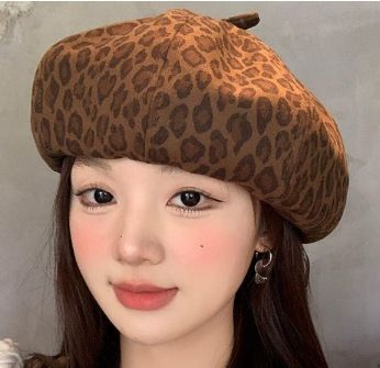 Leopard Print Beret Hat, Brown Tone, Adjustable 56‑58cm, Christmas & Halloween
