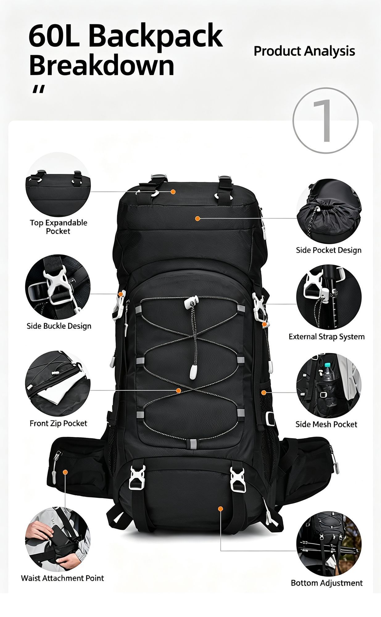 Adjustable Volume Outdoor Rucksack 60L Red view 3