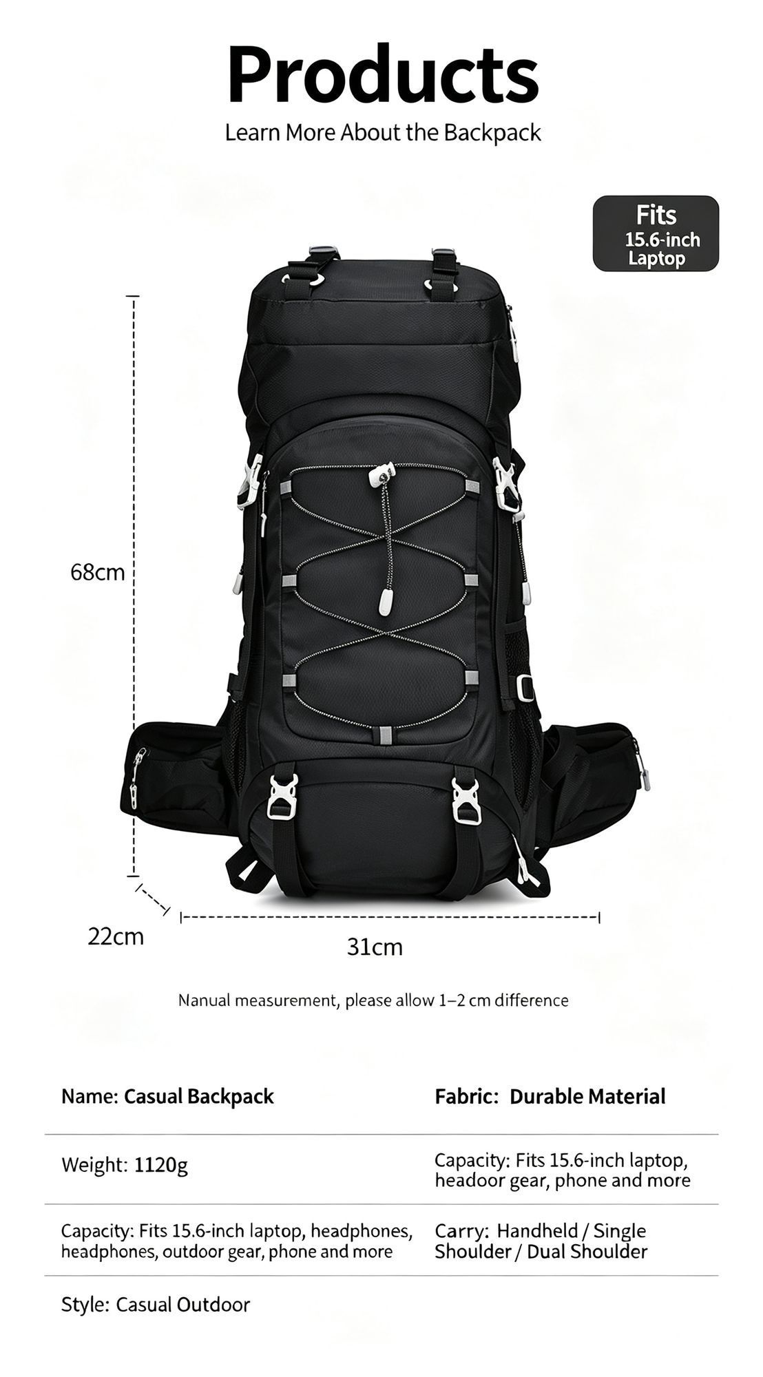 Adjustable Volume Outdoor Rucksack 60L Red view 15