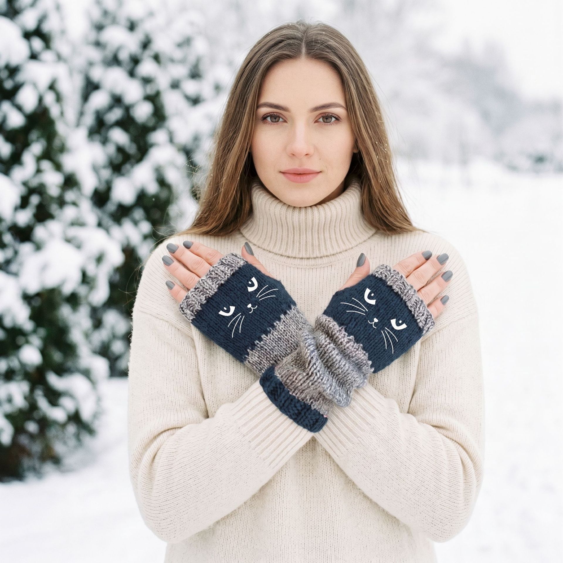 Fashion Warm Spliced Knit Half‑Finger Gloves Palm Guard Work‑Friendly view 2