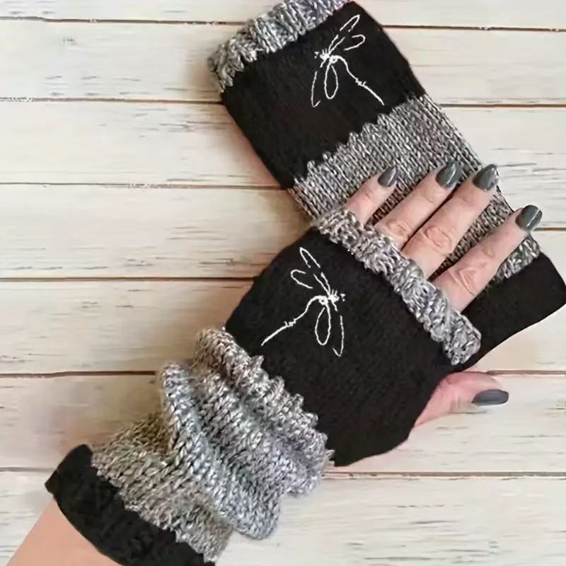 Fashion Spliced Knit Half Finger Gloves Cozy Hand Protection Work Mittens 2