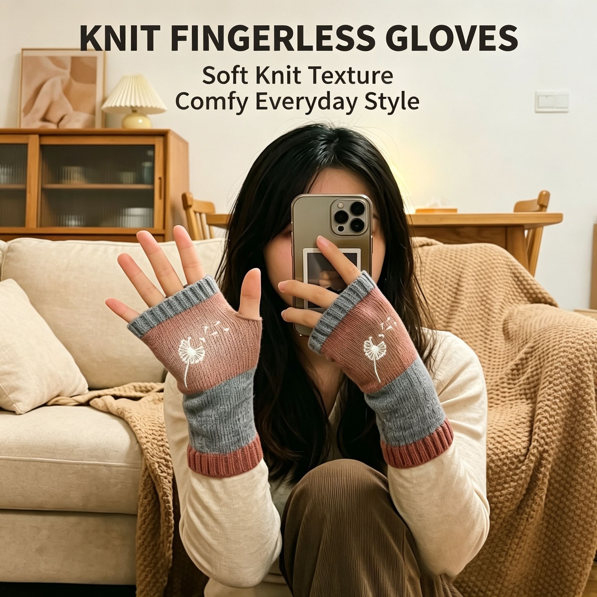 Fashion Spliced Knit Half Finger Gloves Cozy Hand Protection Work Mittens 2 view 4