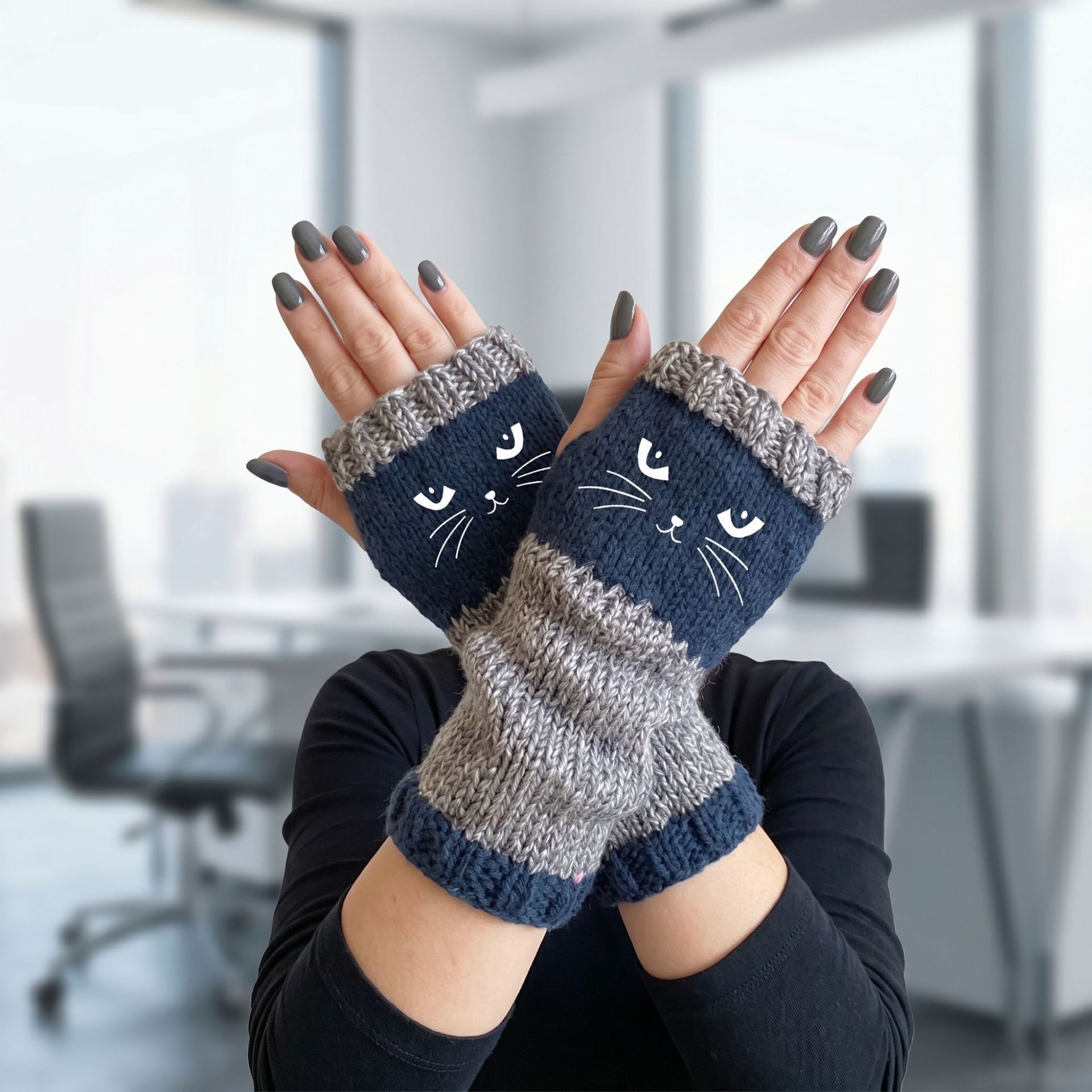 Fashion Spliced Knit Half Finger Gloves Cozy Hand Protection Work Mittens 2 view 6