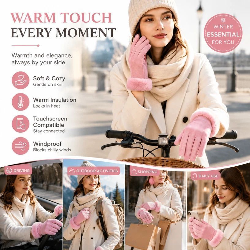 Light Pink Fur Cuff Women's Thermal Touch Screen Cycling Gloves — image 1