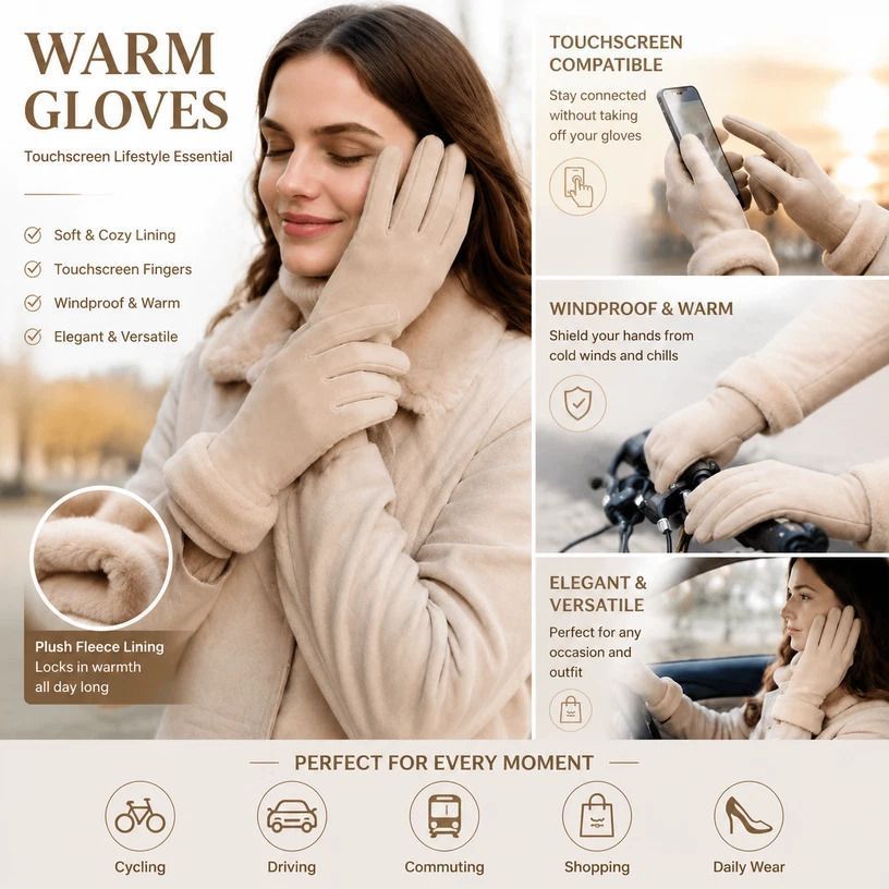 Khaki Fur Cuff Women's Fleece Windproof Bike Gloves — image 1