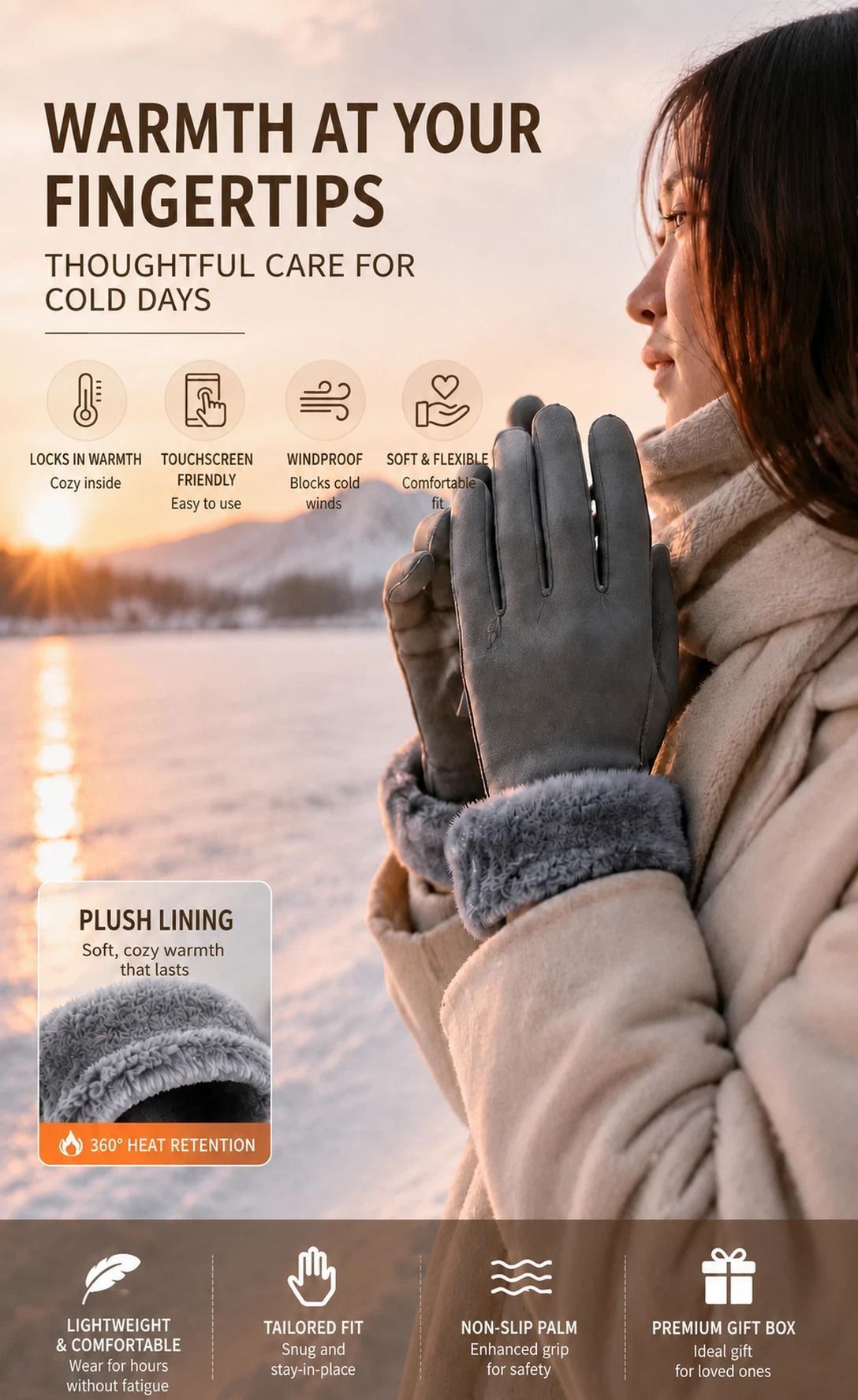 Khaki Fur Cuff Women's Fleece Windproof Bike Gloves view 3