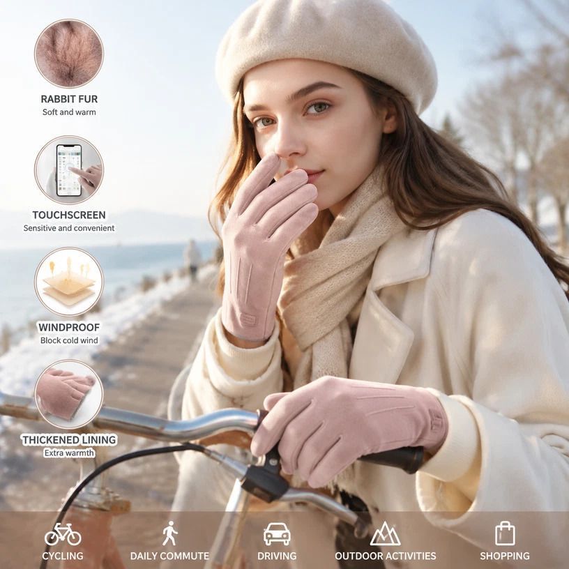 Light Pink 3 Stripes Women's Fleece Touch Screen Bike Gloves — image 1