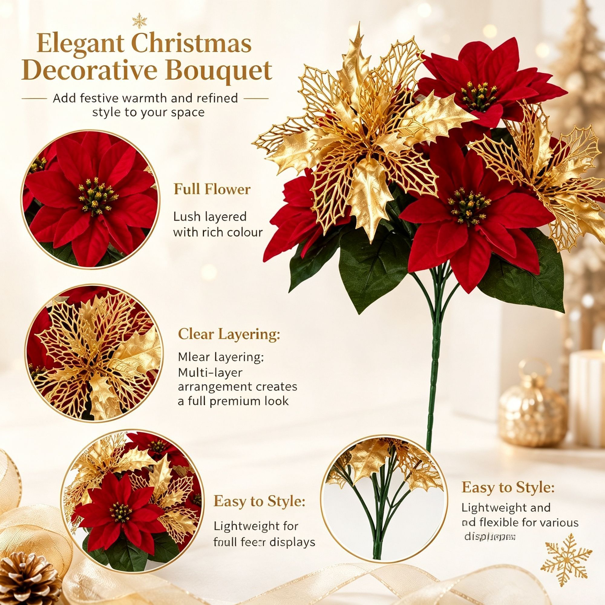 Christmas Single Flower Stem with Triple Leaves Artificial Floral Arrangement view 4