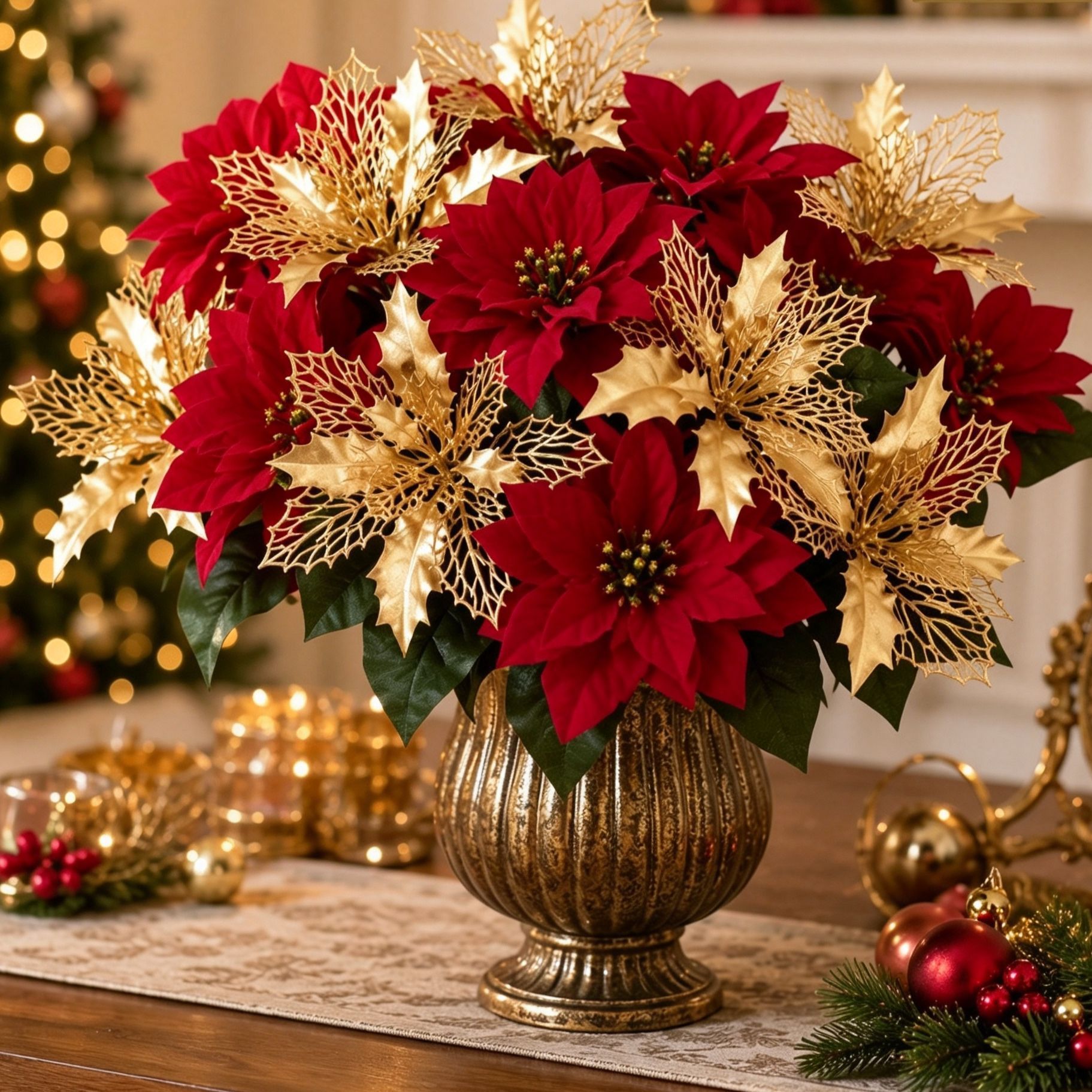 Christmas Gold Flower Bundle Artificial Floral Bunch DIY Home Decor SD56 2 Pcs view 3