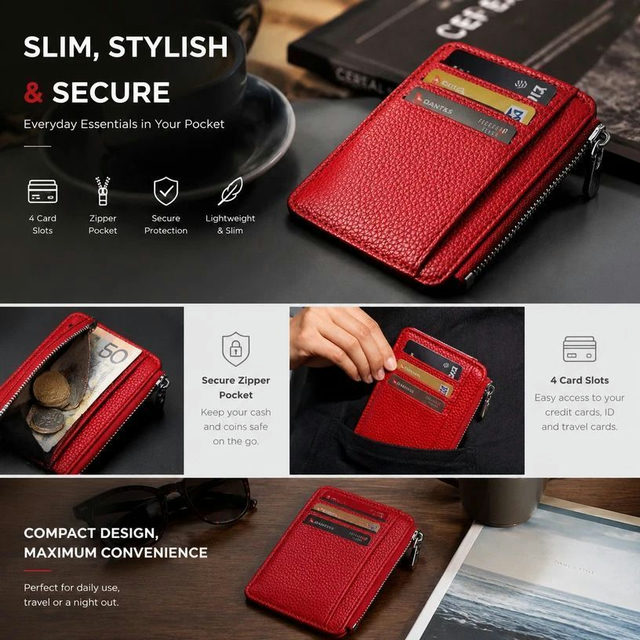 Red Vertical Mini Lychee Grain Card Case Slim Zipper Card Holder Portable Coin