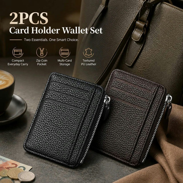 Black & Coffee Vertical Card Wallet Set 2Pcs Lychee Texture Multi Slot Coin
