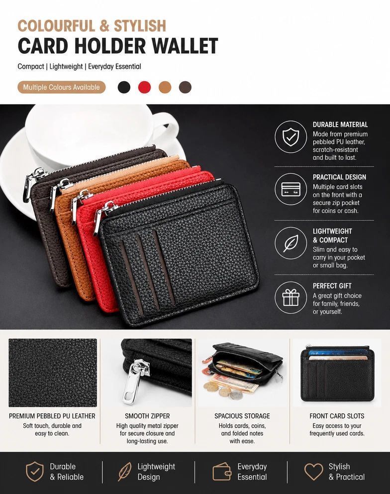 Brown & Red Vertical Card Wallet 2 Pack Lychee Grain Zipper for Travel Outfit view 5