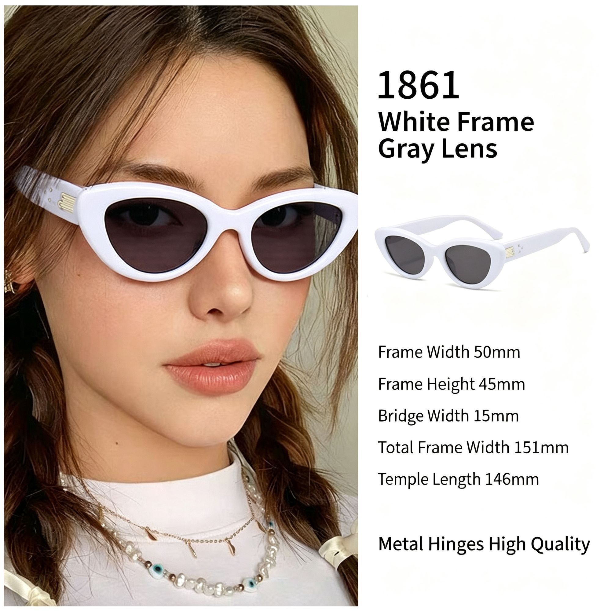 Brightening White Frame Grey Lens Cat Eye Sunglasses UV400 Blocking — image 1