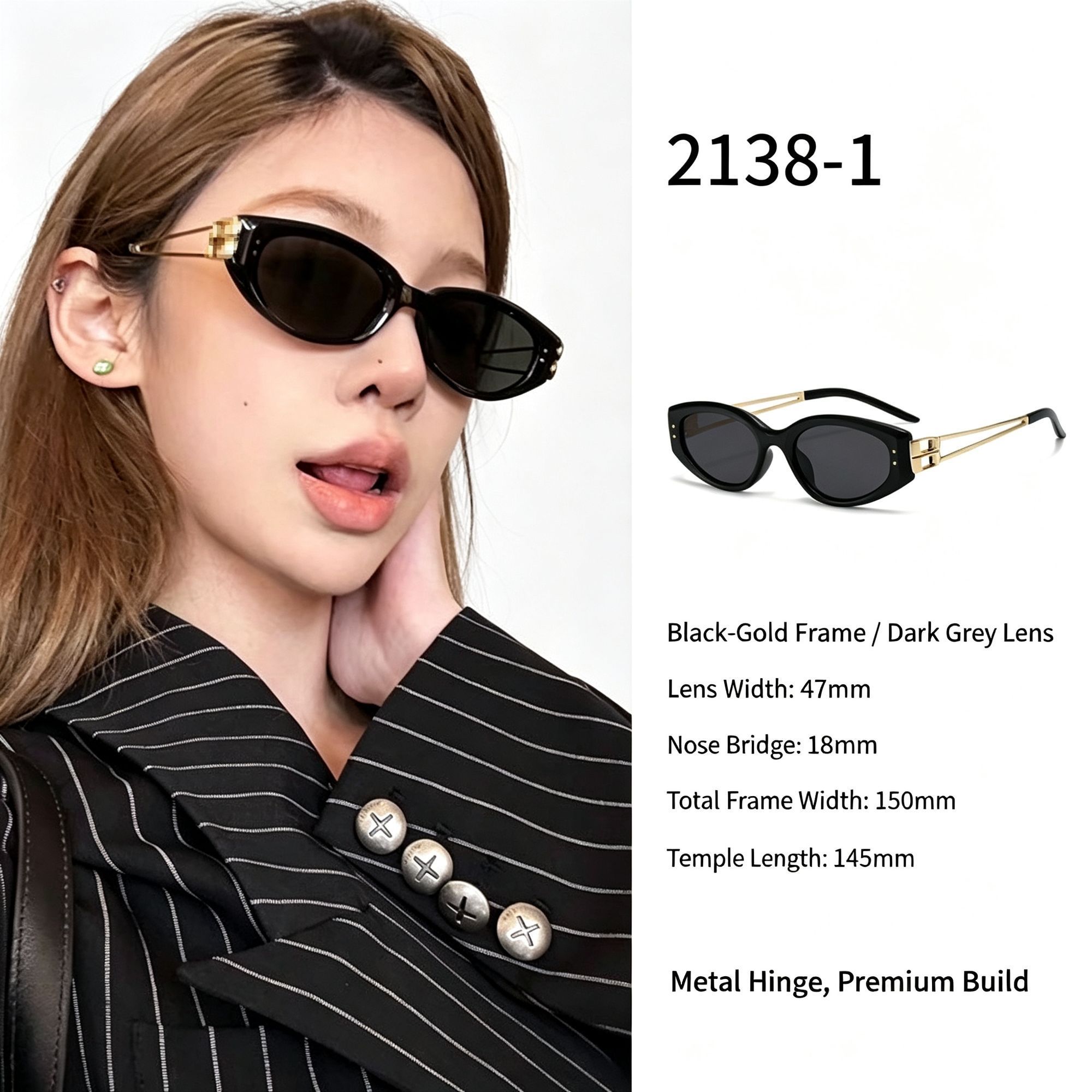 Black Gold Frame Grey Lens Cat Eye Sunglasses UV400 Protection — image 1