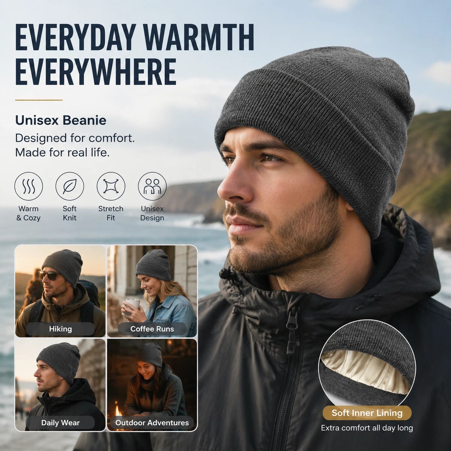 Grey Knitted Beanie Soft Warm Solid Color Winter Hat 1Pc — image 1