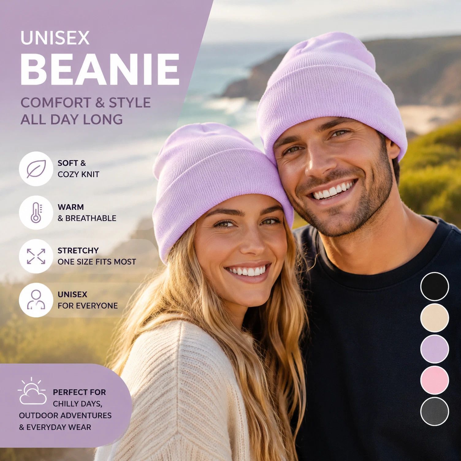 Violet Solid Knitted Hat Comfort Warm Outdoor Beanie Cap 1Pc — image 1