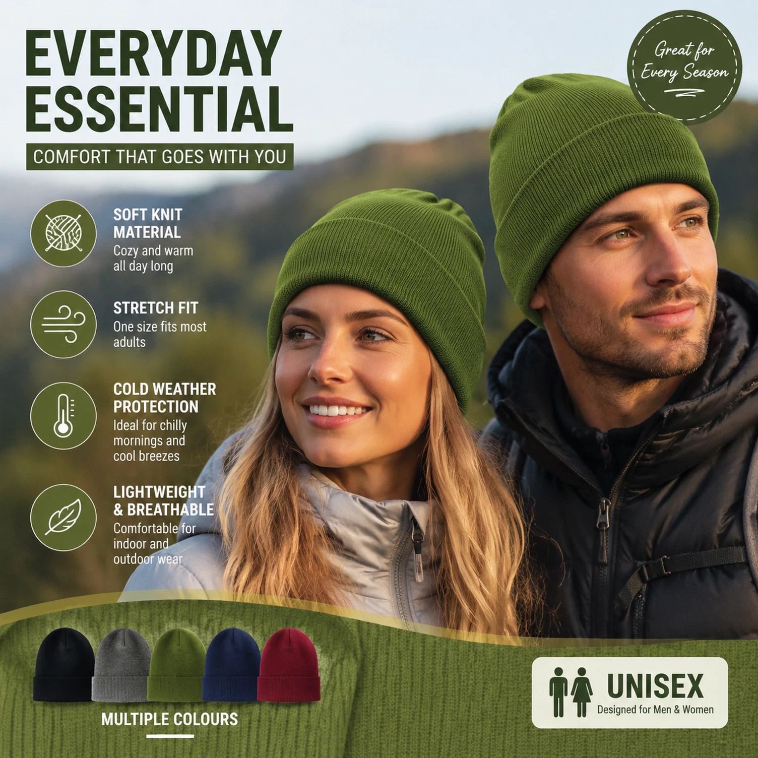 Green Thick Knit Beanie Windproof Simple Winter Headwear 1Pc — image 1