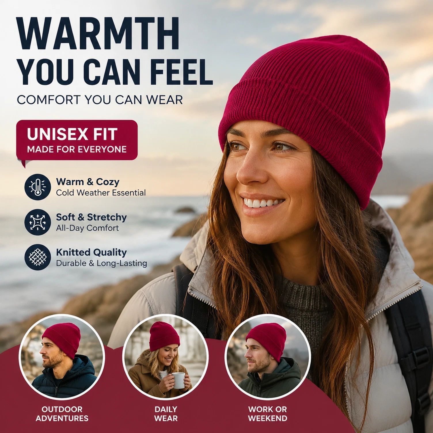 Wine Red Knitted Winter Hat Vintage Plain Soft Beanie 1Pc — image 1