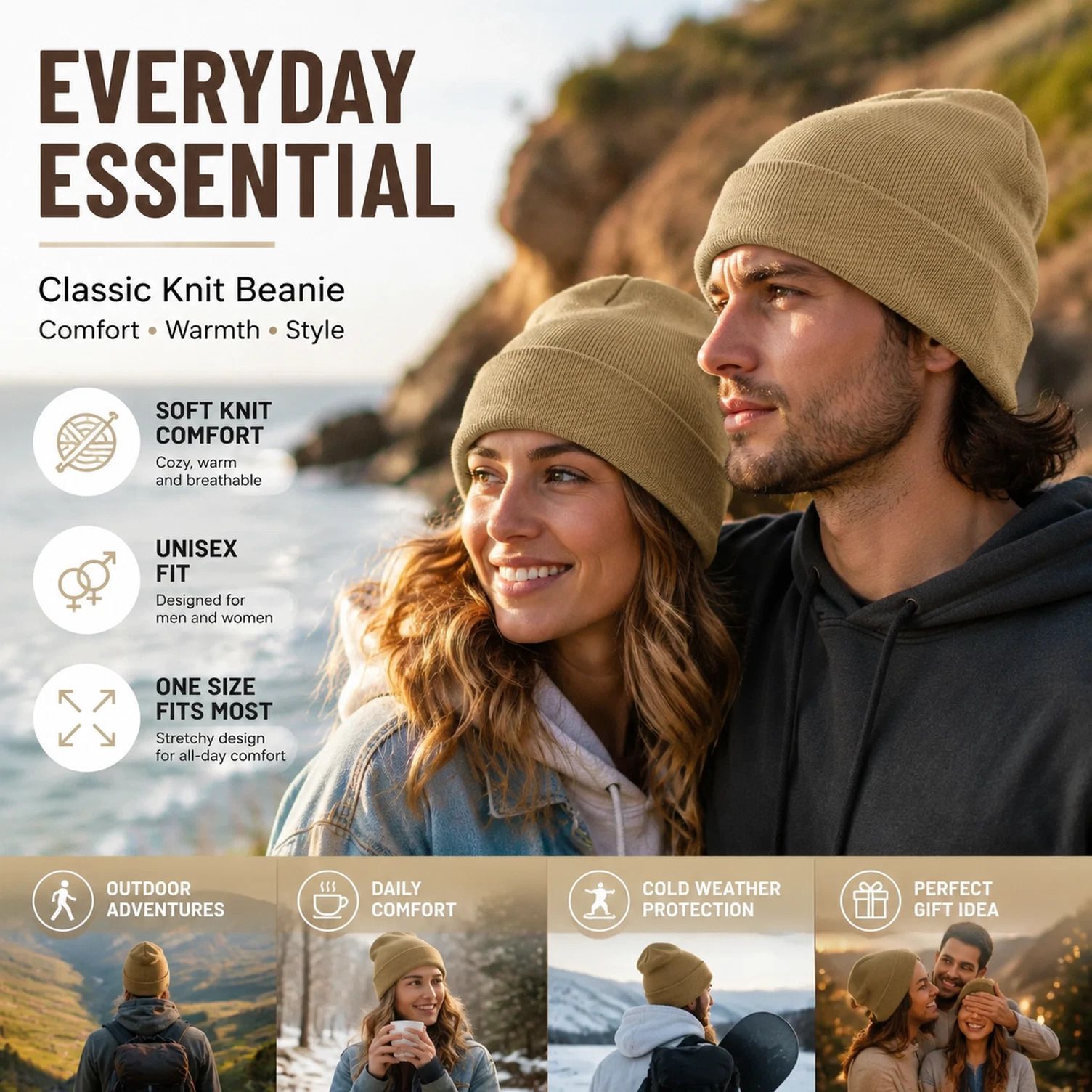 Khaki Basic Knit Beanie Skin Friendly Solid Color Hat 1Pc — image 1
