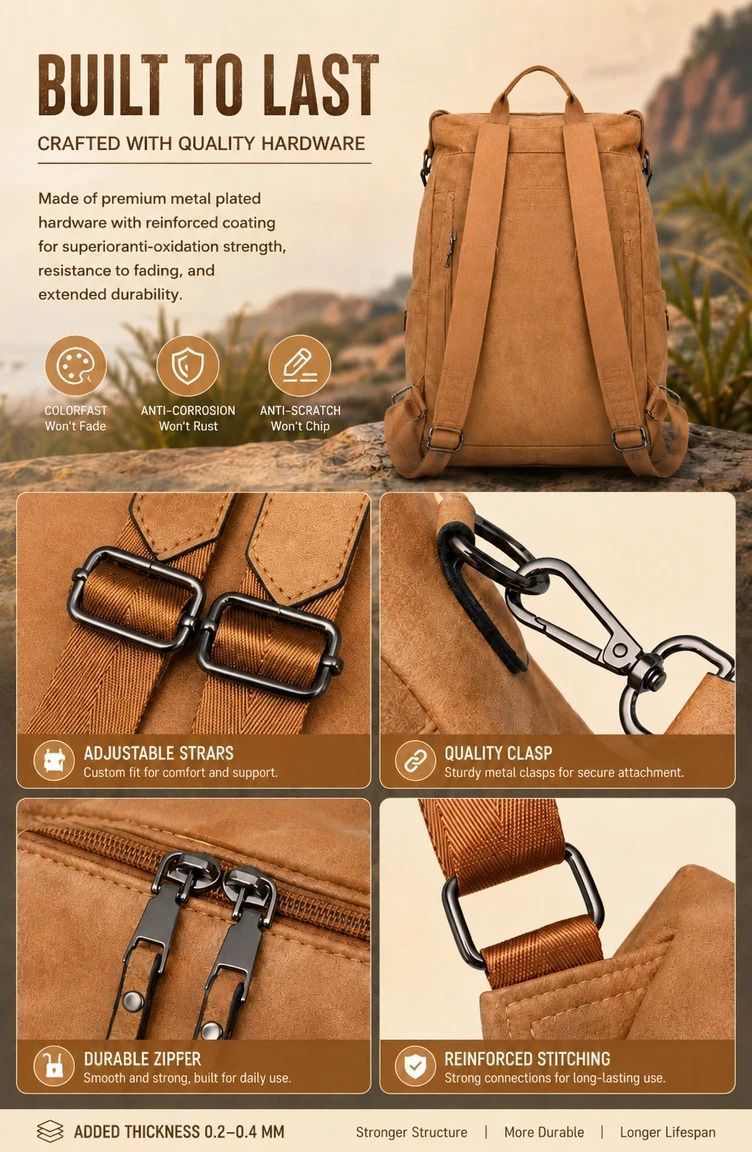 Two-Tone Coffee Textured Women Retro Backpack Multi Functional Large Capacity Bag view 4