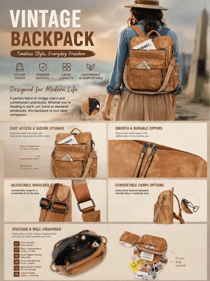 Black Retro European Style Women Backpack Multi Pocket Large Daily Bag view 2