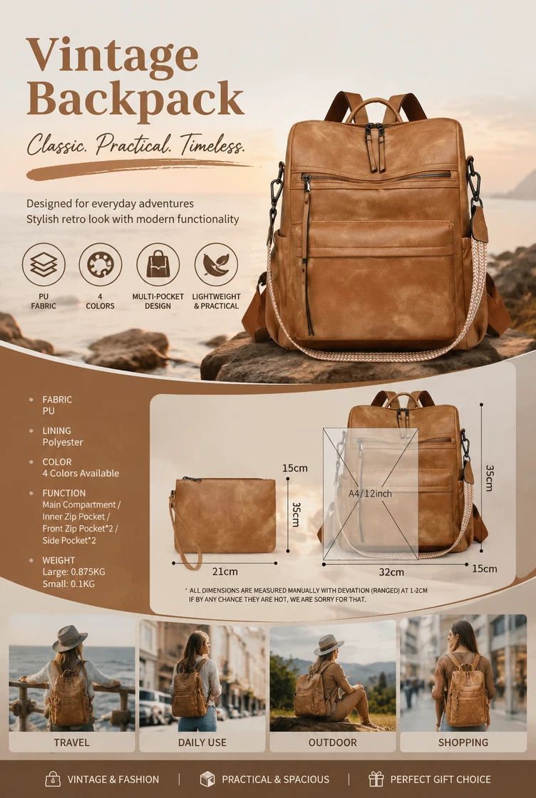 Black Retro European Style Women Backpack Multi Pocket Large Daily Bag view 3