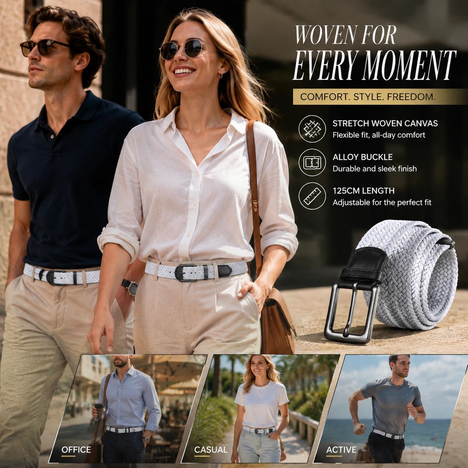 White Elastic Woven Canvas Belt 125cm Unisex Stretch Golf Trouser Strap — image 1