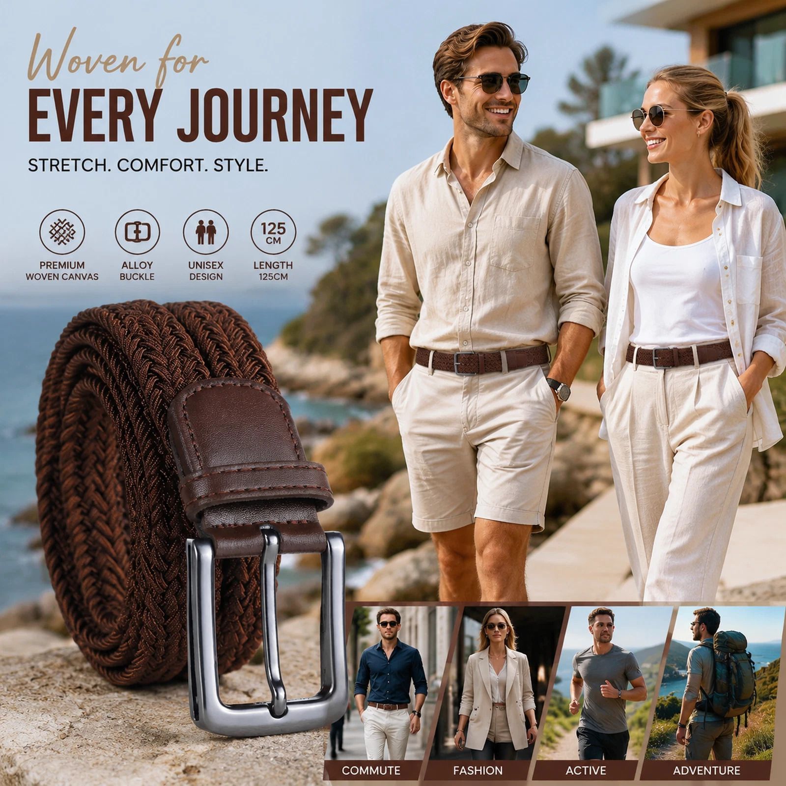 Coffee Stretch Canvas Waist Belt 125cm Adjustable Elastic Golf Strap for Men Women — image 1