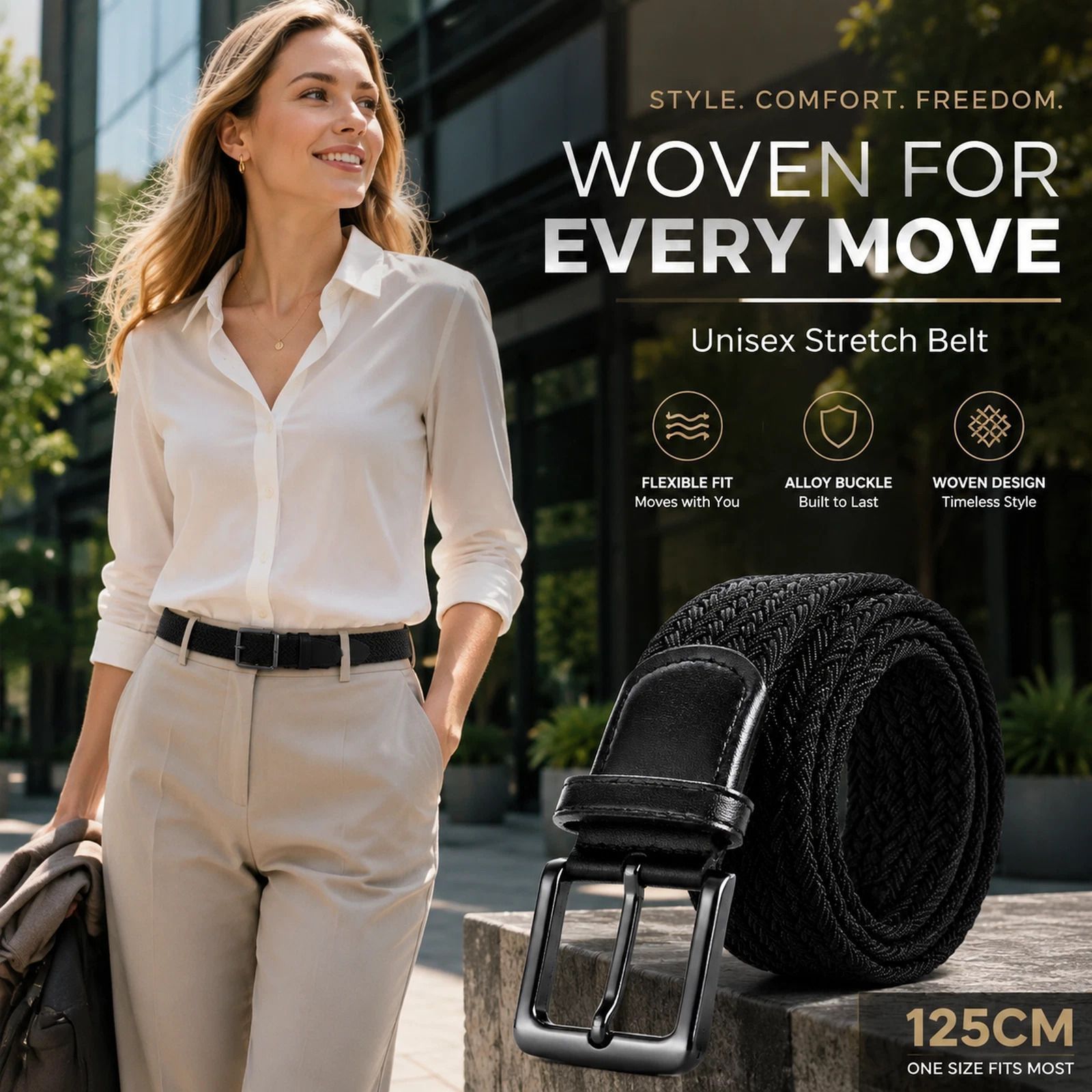 Black 125cm Woven Canvas Belt Elastic Stretch Unisex Fashion Golf Trouser Belt — image 1
