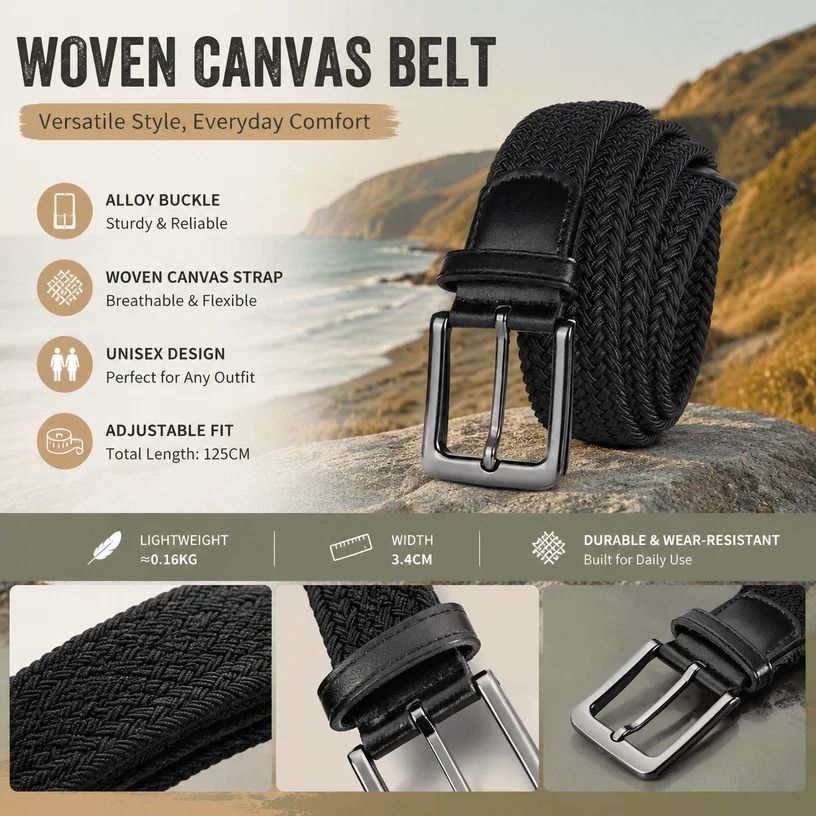 Grey Stretch Woven Canvas Trouser Belt 125cm Unisex Adjustable Golf Strap view 2