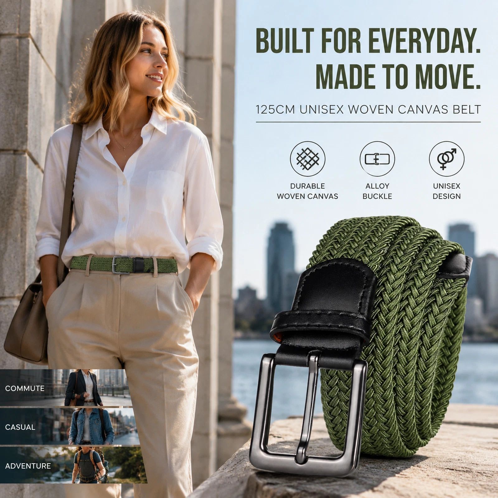 Army Green Elastic Stretch Canvas Belt 125cm Fashion Woven Golf Waist Strap — image 1