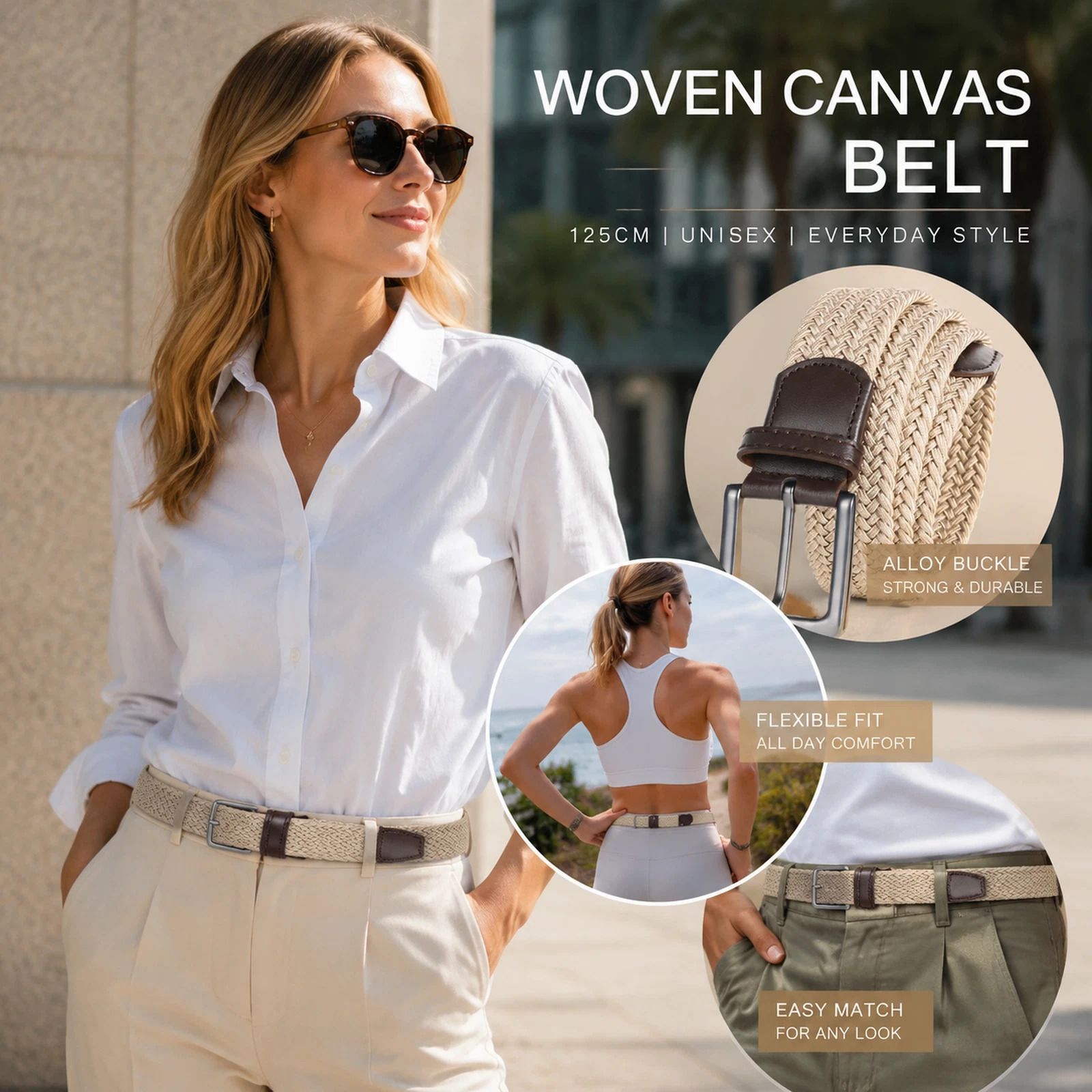 Khaki Woven Elastic Golf Belt 125cm Stretch Canvas Unisex Trouser Strap — image 1